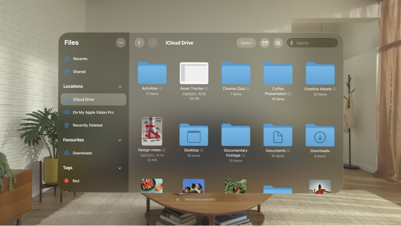 The Files app on Apple&nbsp;Vision&nbsp;Pro, showing folders and files in the iCloud Drive location.