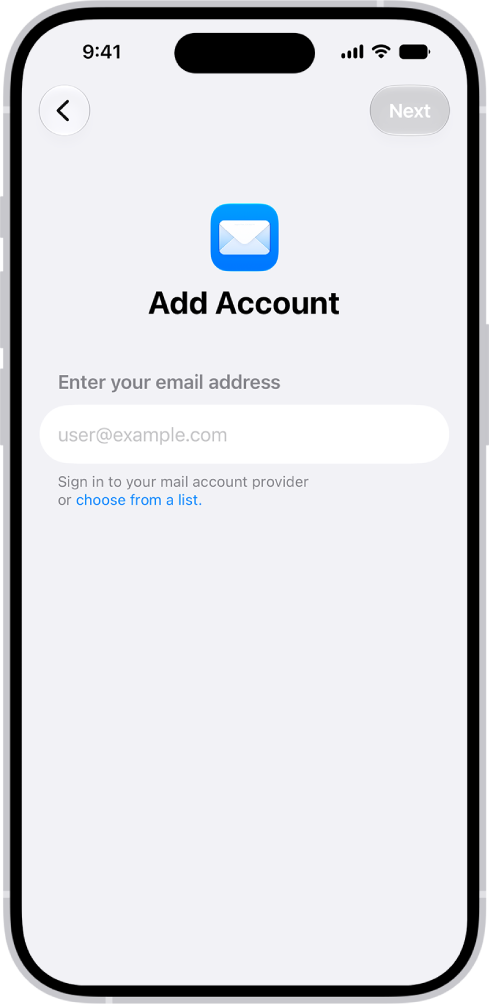 The Add Account screen with a field to enter your email address.