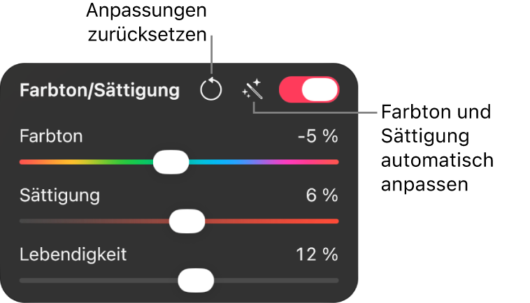 Die Steuerelemente für „Farbton/Sättigung“ im Bereich „Farbanpassungen“.
