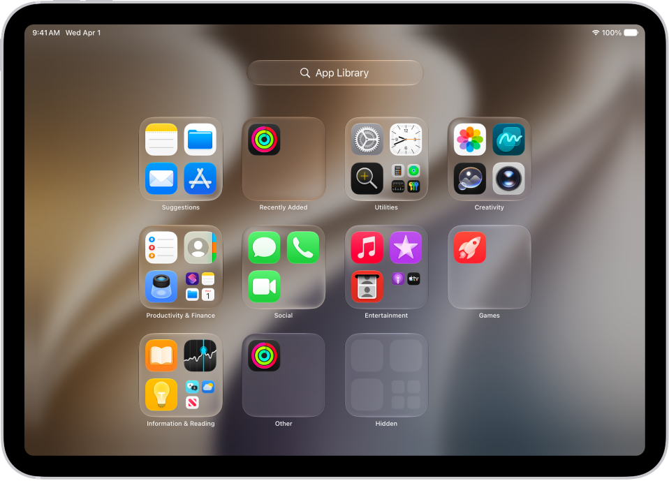 App Library on iPad showing the apps organized by category (Entertainment, Productivity & Finance, and so on).