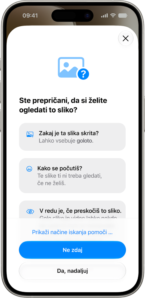 Zaslon Varnost komunikacije z opozorilom, ki prikazuje, da je bila zaznana golota, in možnosti za iskanje pomoči.