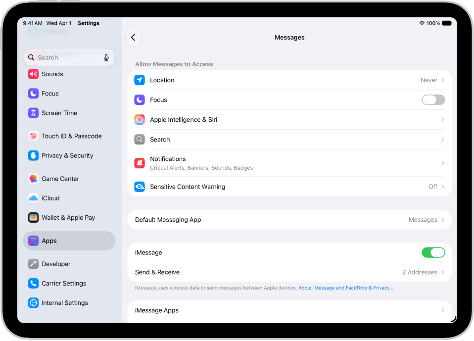 The Messages settings pane with iMessage turned on.