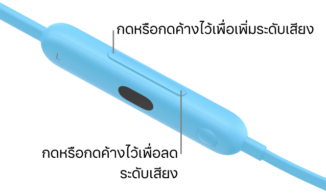 ภาพของโมดูลควบคุมข้างซ้ายของ Beats&nbsp;Flex ที่แสดงปุ่มปรับเสียง