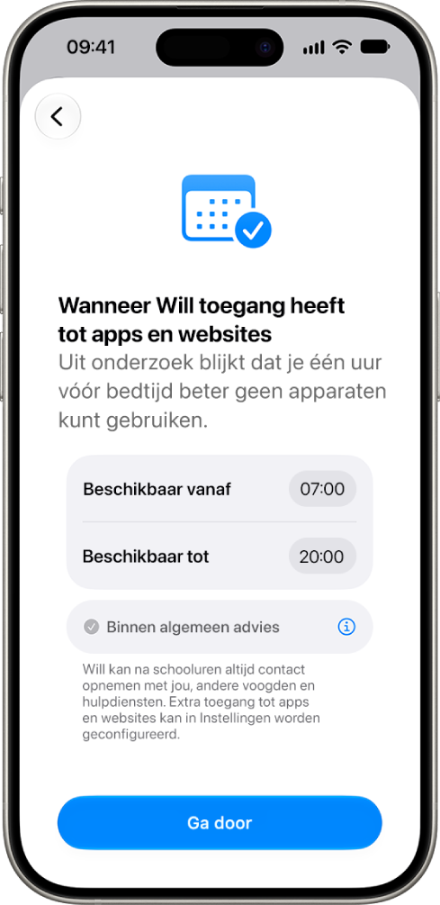 Het configuratiescherm voor ouderlijk toezicht met daarin de uren dat een kind een apparaat mag gebruiken.
