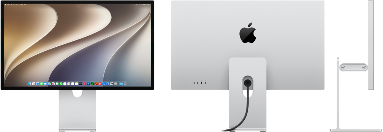 Front view, back view, and side view of Studio Display XDR.