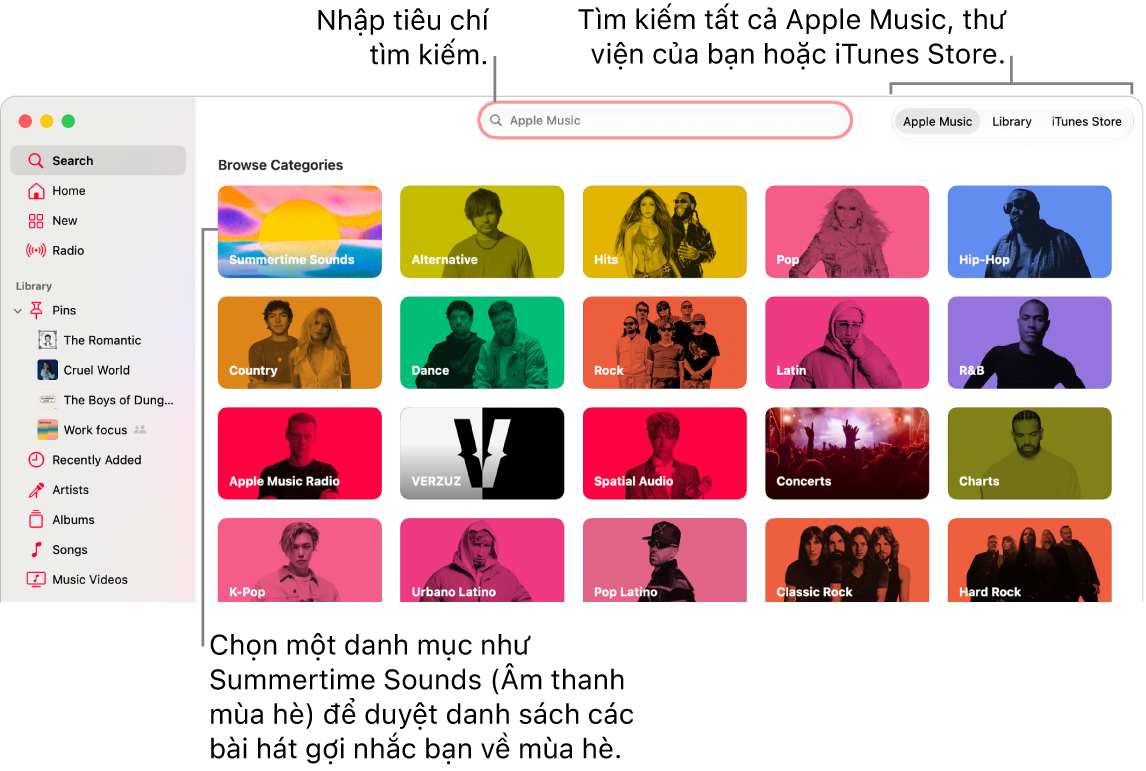 Cửa sổ Apple Music đang hiển thị các trường tìm kiếm, danh sách các danh mục ở giữa cửa sổ. Apple Music, Thư viện của bạn và iTunes Store có sẵn ở góc trên cùng bên phải. Nhập tiêu chí tìm kiếm vào trường tìm kiếm, sau đó chọn tìm kiếm tất cả Apple Music, chỉ thư viện của bạn hoặc iTunes Store.