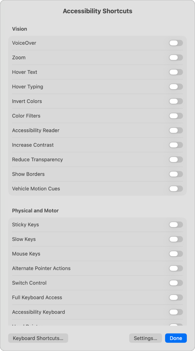 The Accessibility Shortcuts panel listing Vision features (such as Color Filters), Physical Motor features (such as Full Keyboard Access), and Hearing features (such as Live Captions).