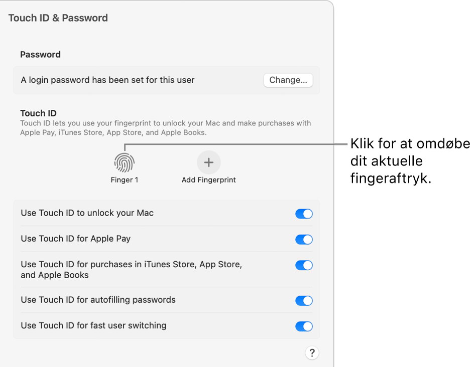 Indstillingerne til Touch ID & adgangskode, der viser et fingeraftryk, der er klar og kan bruges til at låse Mac op.