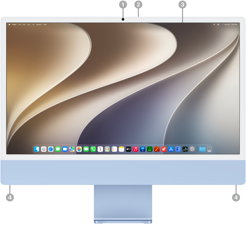 Μπροστινή όψη του iMac όπου φαίνονται η οθόνη, η κάμερα, τα μικρόφωνα και τα ηχεία.