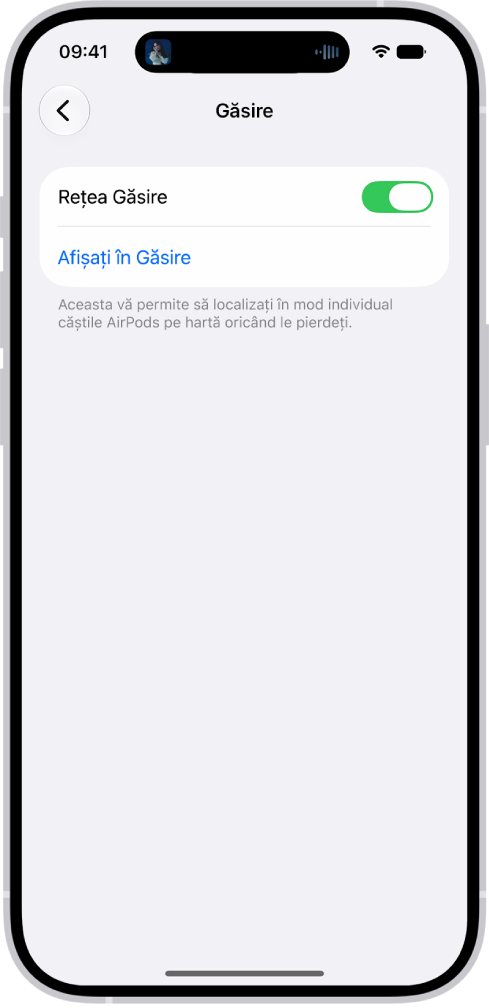Configurările Bluetooth de pe un iPhone, afișând opțiunile pentru AirPods&nbsp;Pro. Opțiunea Rețea Găsire este activată, ceea ce permite localizarea individuală a căștilor AirPods pe hartă în eventualitatea pierderii acestora.