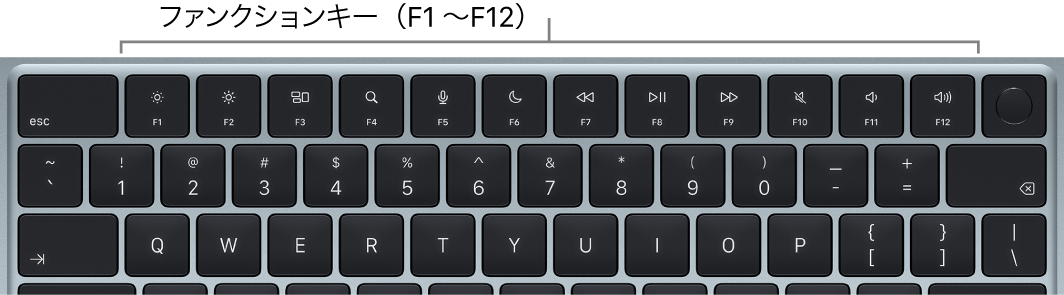 MacBook Airのキーボード。上部にファンクションキーの列が並んでいます。
