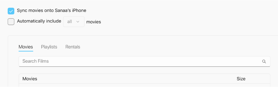The “Sync movies onto [device]” tickbox is selected, and the “Automatically include” pop-up menu is below that.