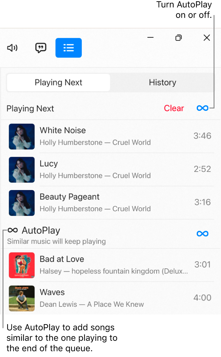 The Playing Next queue, showing a list of upcoming songs and the AutoPlay icon to the right. Select the AutoPlay icon to turn it on or off. When AutoPlay is on, similar songs are added to the end of the queue.
