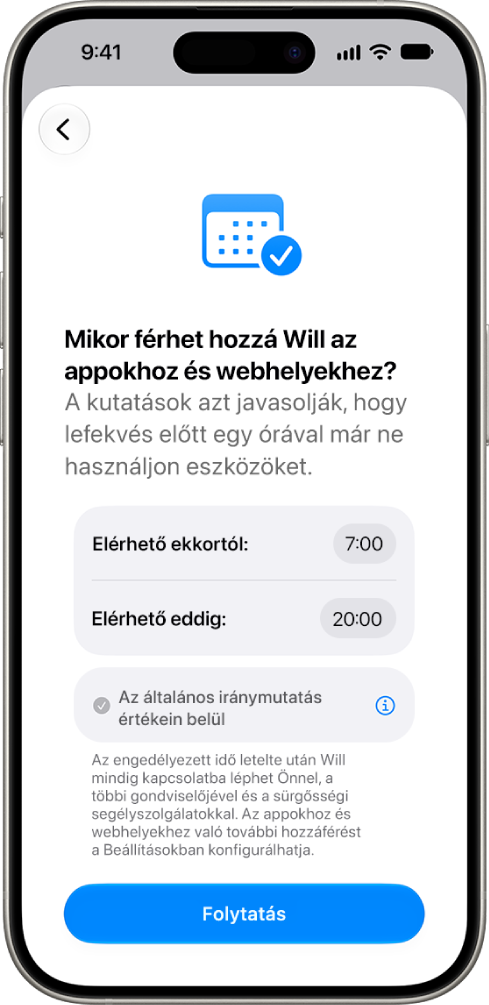 A szülői felügyelet beállítási képernyője, amely azokat az órákat mutatja, amikor a gyermek hozzáférhet az eszközéhez.