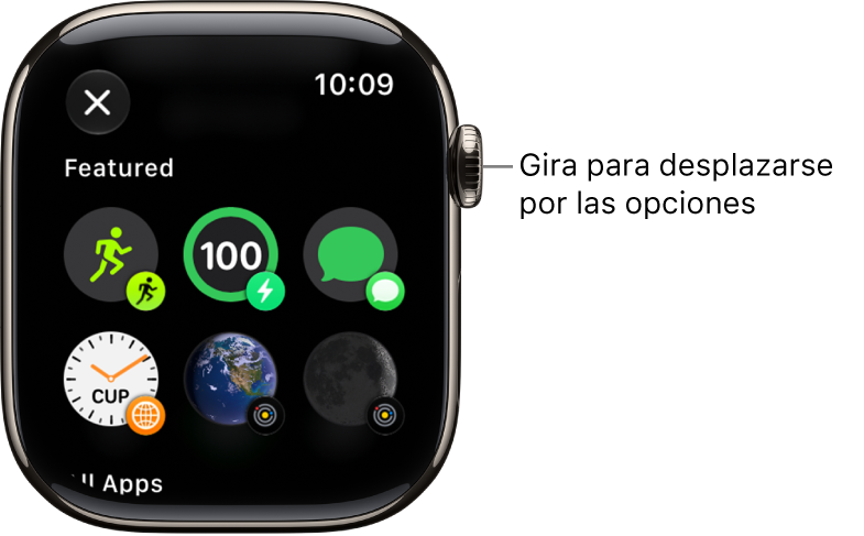 La pantalla personalizada de una esfera que muestra varias complicaciones destacadas. Gira la corona Digital&nbsp;Crown para ver las complicaciones.