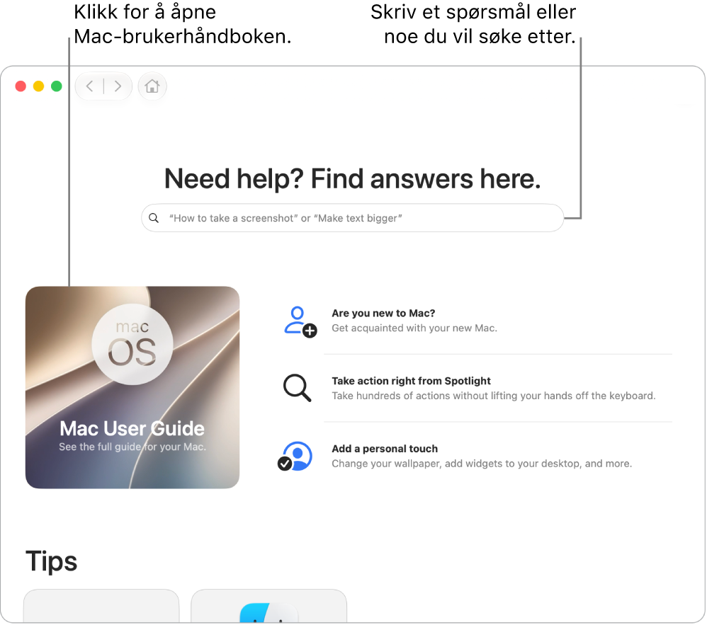 Landingssiden for Tips-appen viser Brukerveiledning for Mac, søkefeltet og foreslåtte emner.