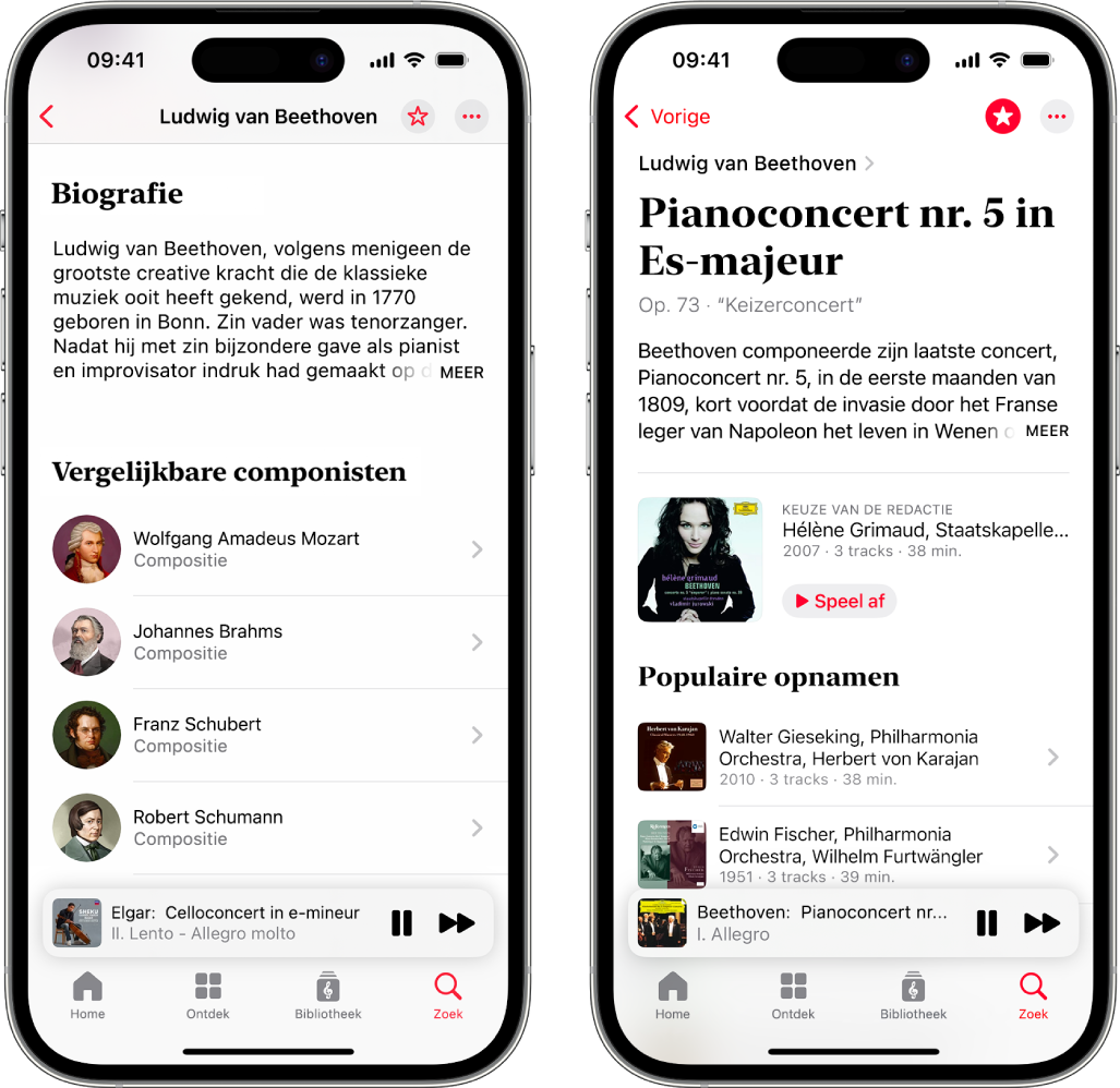 Twee iPhones waarop diverse informatie over klassieke muziek wordt weergegeven. Op de eerste wordt aan de bovenkant van het scherm de biografie van een componist weergegeven. Op de tweede wordt onder de naam van het muziekstuk een beschrijving van het muziekstuk weergegeven.