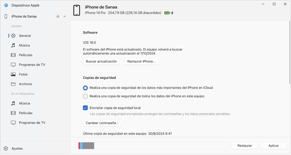 Un dispositivo seleccionado en la barra lateral y las opciones de sincronización que se muestran en la ventana.