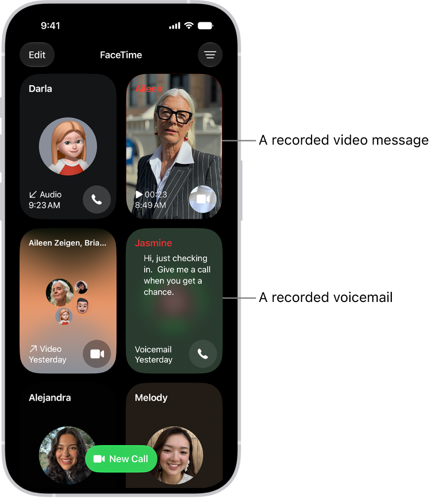 ประวัติการโทร FaceTime ที่แสดงรายชื่อที่แนะนำ ข้อความวิดีโอที่บันทึกไว้ วอยซ์เมล และการโทร FaceTime แบบวิดีโอเป็นกลุ่ม