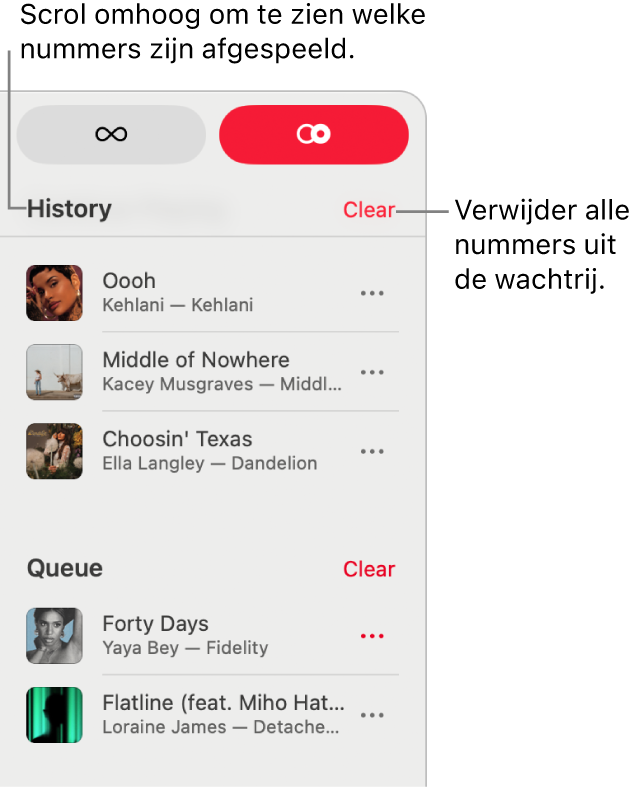 In de rechterbovenhoek van Apple&nbsp;Music is de wachtrij zichtbaar. De gedeelten 'Geschiedenis' en 'Wachtrij' verschijnen.