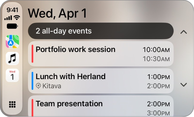 CarPlay showing Maps, Music, and Calendar in the Sidebar. To the right are events for the current day.