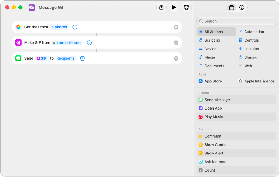 Shortcut editor showing the sequence of actions in a shortcut.