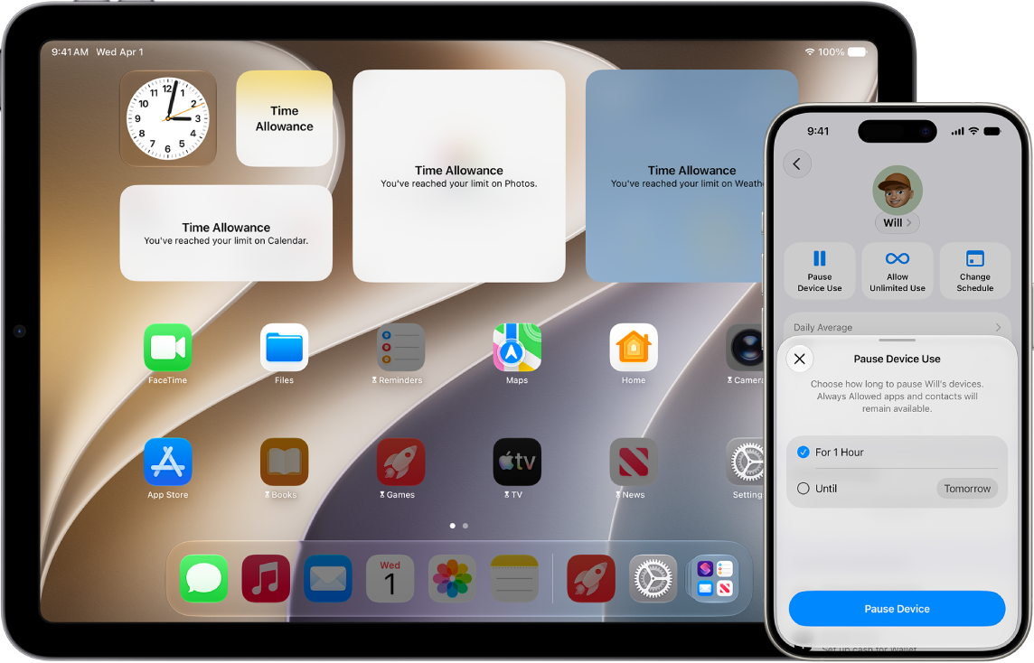 A child's iPad Home Screen showing Time Allowances met. A parent's iPhone showing the Pause Device Use button in the child's Screen Time settings.
