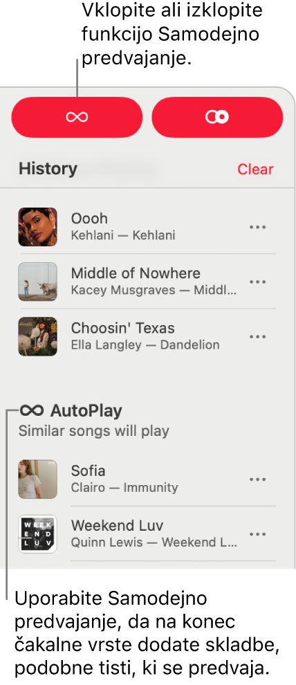 Zgodovina je vidna v zgornjem desnem kotu aplikacije Apple&nbsp;Music. Prikaže se tudi razdelek Samodejno predvajanje.