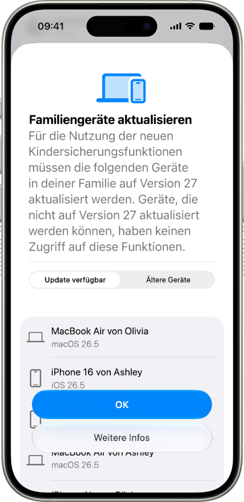 Der Bildschirm „Familiengeräte aktualisieren“ zeigt Geräte an, die aktualisiert werden müssen, sowie ältere Geräte.
