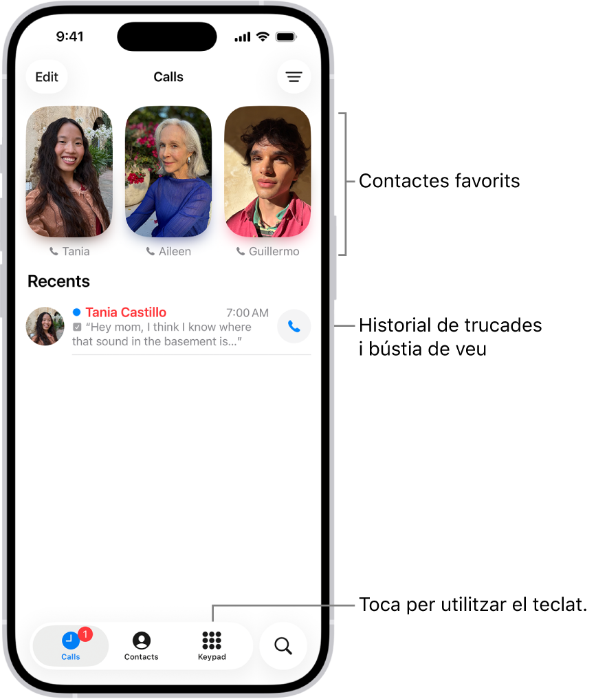 La pestanya “Trucades” de l’app Telèfon amb la disposició unificada. Els contactes favorits apareixen a la part superior. A sota dels contactes favorits hi ha una llista de les trucades i els missatges de veu recents. A la part inferior hi ha els botons per veure les pestanyes “Trucades”, “Contactes” i “Teclat”. A l’angle inferior dret hi ha el botó “Cerca”.