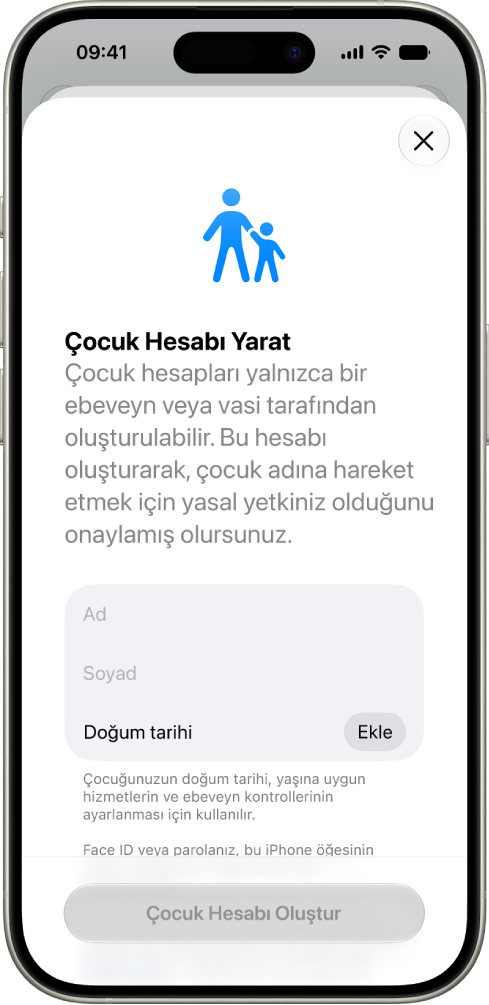 Ad, soyadı ve doğum tarihi ekleme seçeneklerinin gösterildiği Çocuk Hesabı Yarat ekranı.