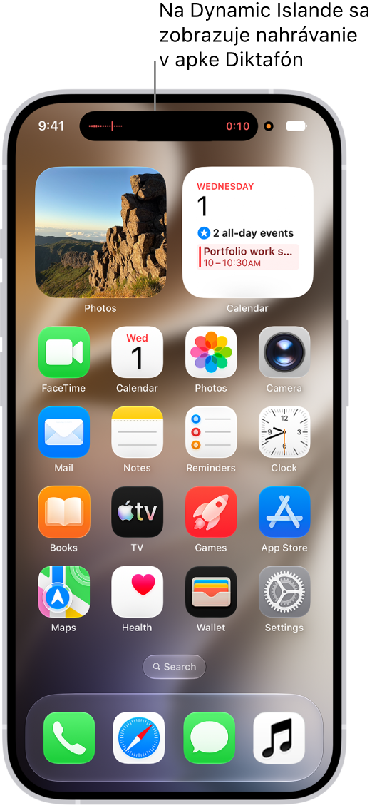 Plocha iPhonu, na ktorej vidno nahrávanie v&nbsp;apke Diktafón v&nbsp;Dynamic Islande.