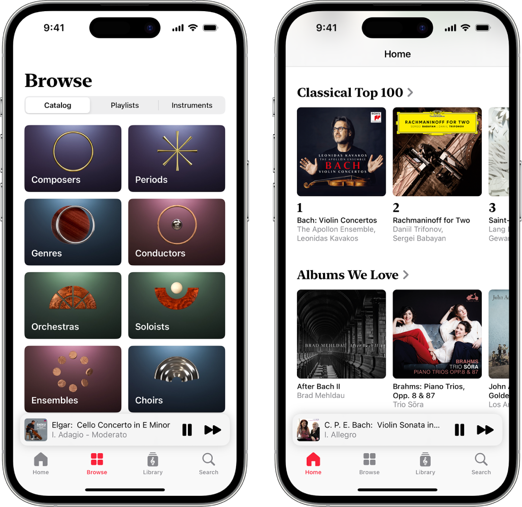 Two iPhone devices showing various ways to find classical music. The first one shows the Browse tab where you can browse the Catalog, Playlists, and Instruments. The second one shows the Home tab with the most listened to albums, the Classical Top 100, at the top.