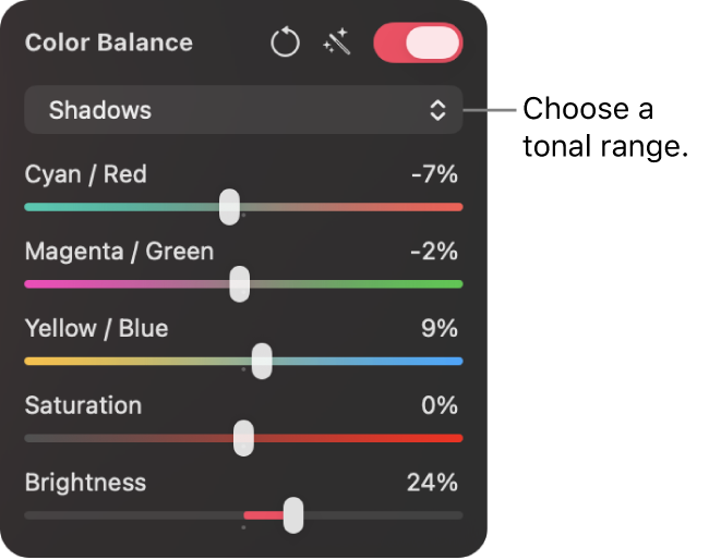 Color Balance controls in the Color Adjustments pane, including sliders for Cyan/Red, Magenta/Green, and Yellow/Blue.