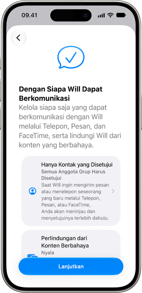 Layar pengaturan pengawasan orang tua yang menampilkan pilihan dengan siapa anak dapat berkomunikasi.