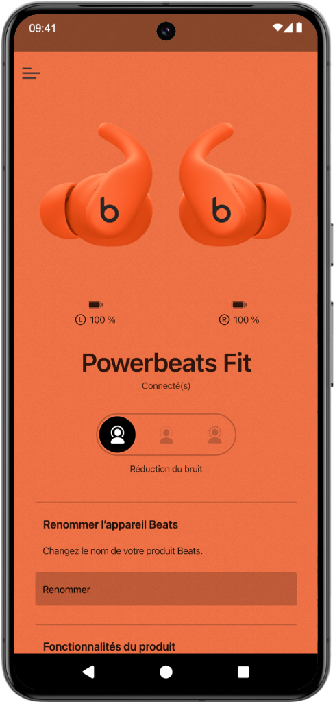 L’écran de l’appareil dans l’app&nbsp;Beats avec des écouteurs Powerbeats&nbsp;Fit connectés.