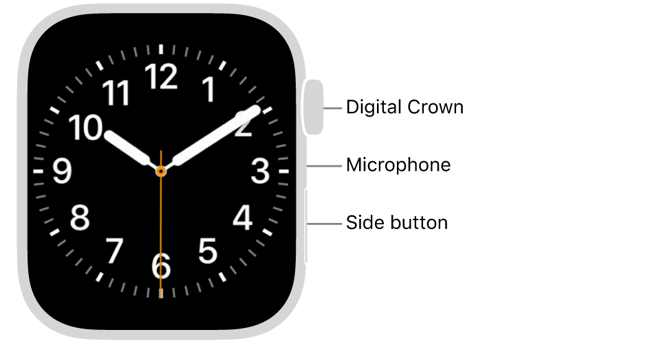 The front of Apple&nbsp;Watch Series&nbsp;9, with the display showing the watch face, and the Digital Crown, microphone, and side button from top to bottom on the side of the watch.