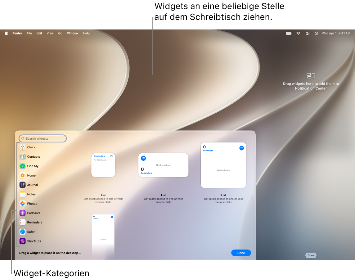 Die Widget-Galerie mit der Liste der Widget-Kategorien auf der linken Seite und den verfügbaren Widgets auf der rechten Seite.