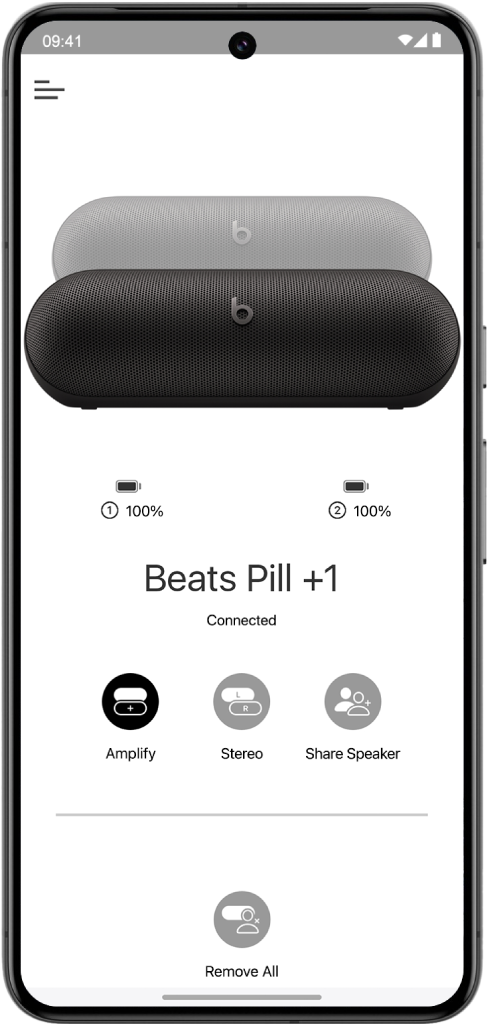 The Beats app device screen showing two connected Beats Pill speakers in an Amplify group.