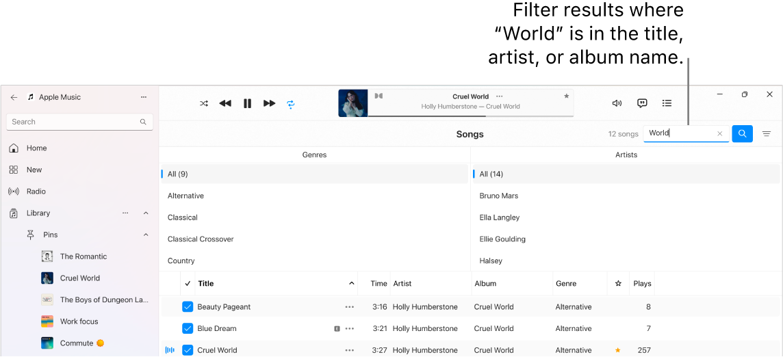 The Apple Music window showing the list of songs that appear when “world” is entered in the filter field in the top-right corner. The songs in the list include the word “world” in their title, artist, or album name.