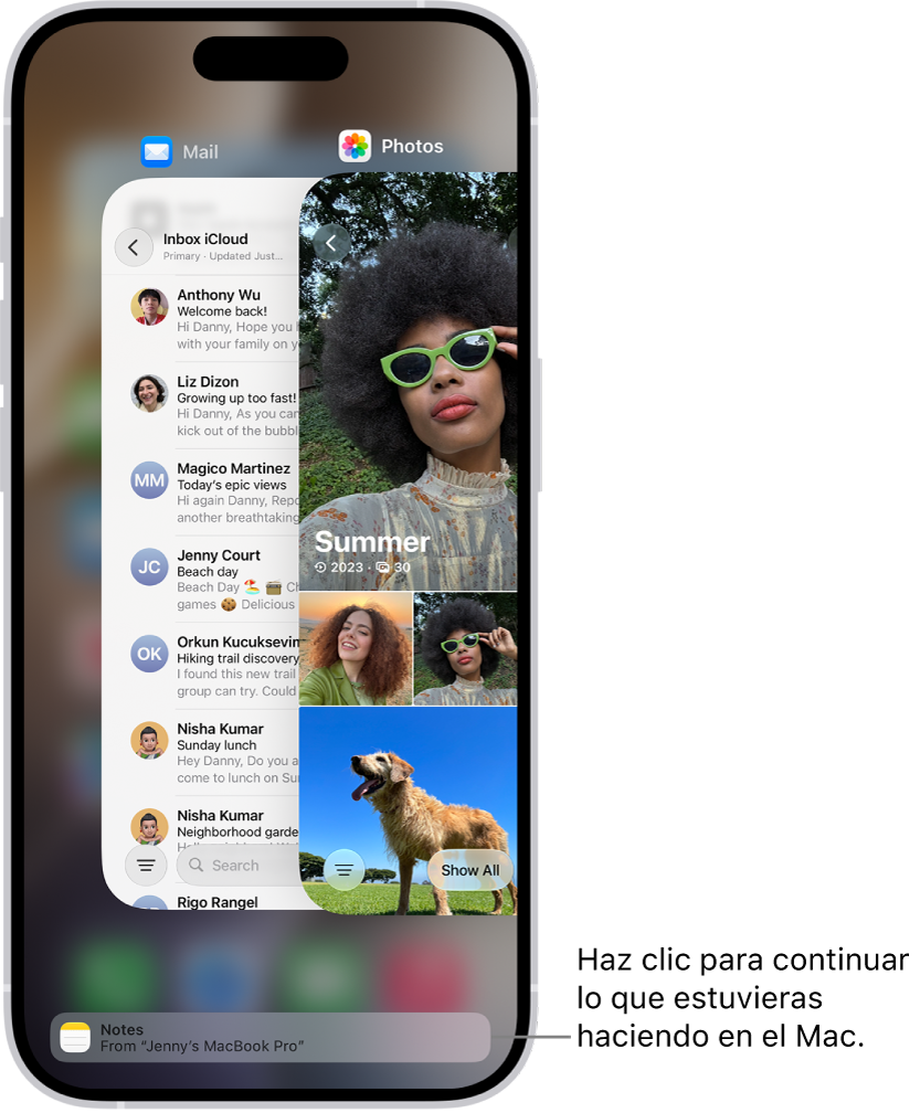 El selector de app del iPhone con una notificación de transferencia en la parte inferior de la pantalla.