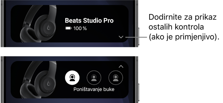 Prva slika prikazuje widget aplikacije Beats s prikazanim spojenim slušalicama Beats&nbsp;Studio&nbsp;Pro i tipkom za prikaz ostalih kontrola. Druga slika prikazuje kontrole Poništavanje buke u widgetu.