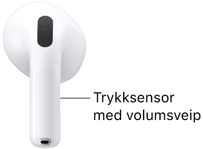 Plasseringen av trykksensoren med volumsveip på AirPods&nbsp;5 med trådløst ladeetui langs stilken på hver AirPod.