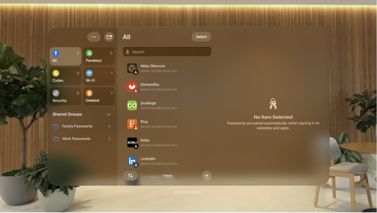 The Passwords app on Apple&nbsp;Vision&nbsp;Pro. Accounts are listed in alphabetical order.