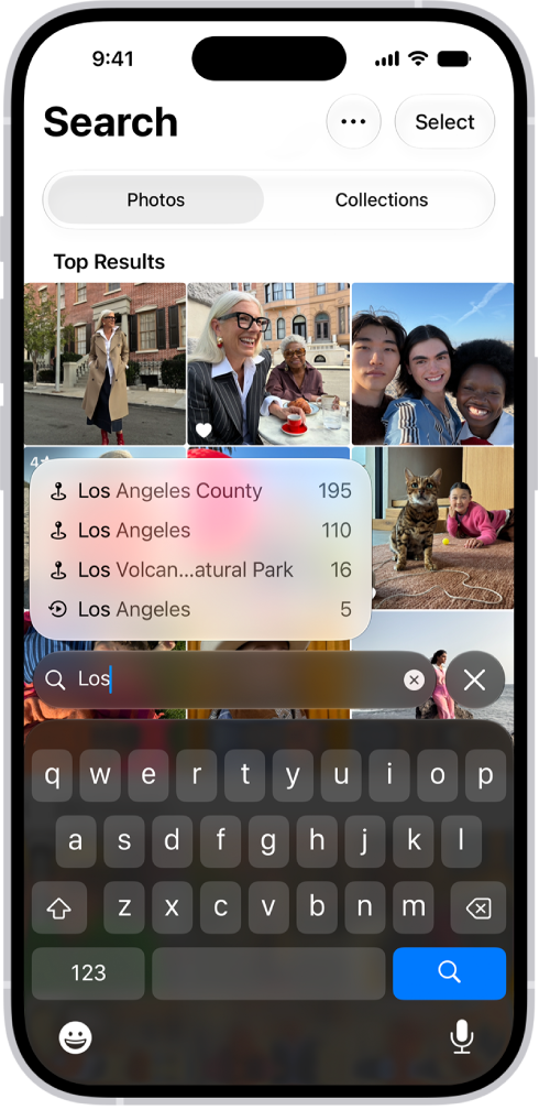L’écran Rechercher dans l’app Photos affichant des suggestions de recherche basées sur le texte saisi dans le champ de recherche.