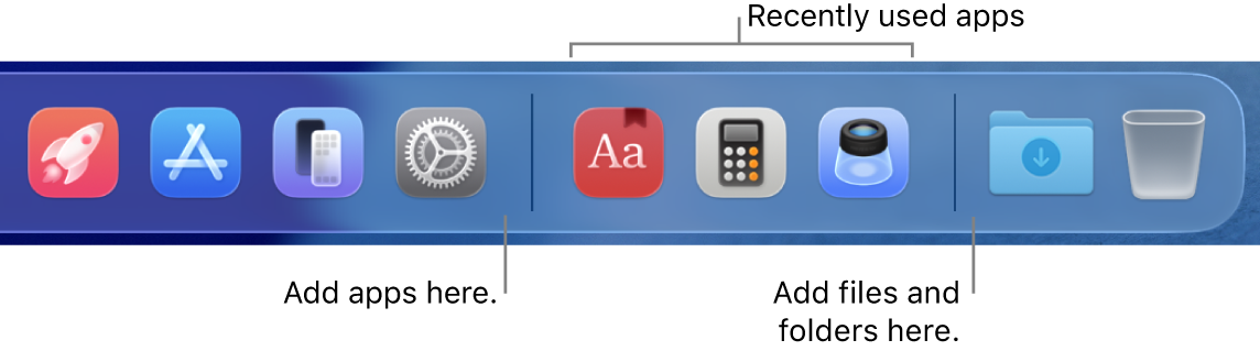 A portion of the Dock showing the separator lines between apps, recently used apps and files and folders.