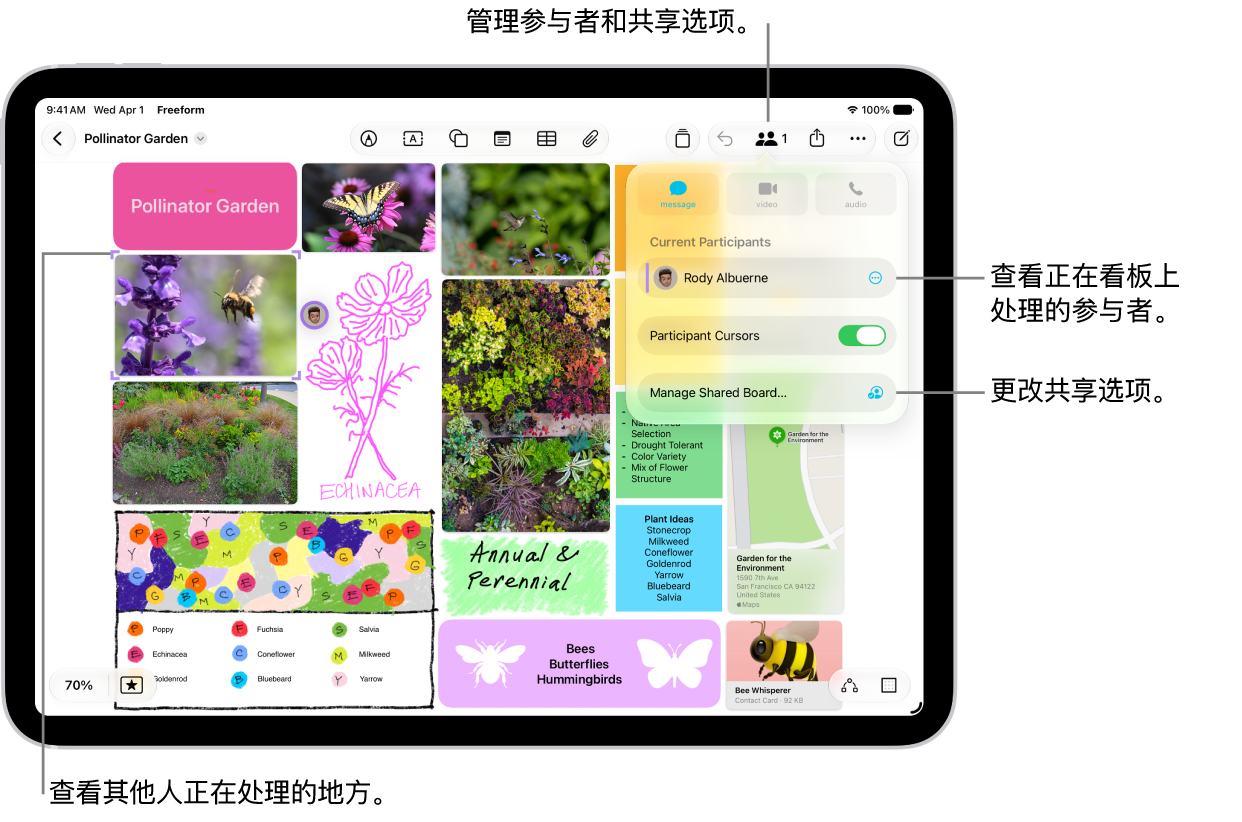 iPad 上的共享“无边记”看板显示已打开的协作菜单，其他参与者在看板上的位置使用有色勾号标记。