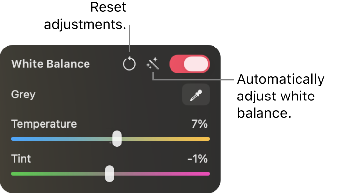White balance controls in the Color Adjustments pane.