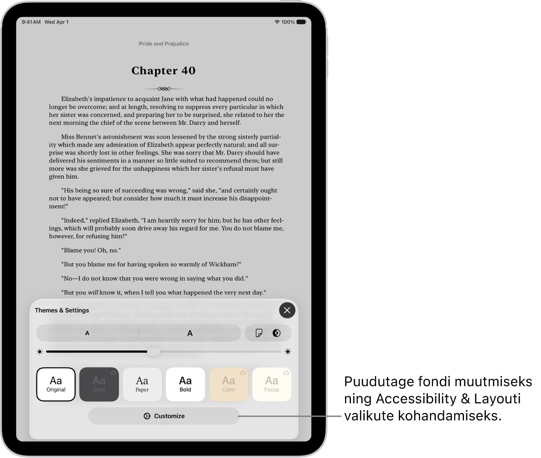 Rakenduses Books kuvatakse raamatu lehekülge. Valikutes Themes & Settings kuvatakse juhikuid fondi suuruse, kerimisvaate, lehekülje keeramise stiili, heleduse ja fondi stiilide valimiseks.