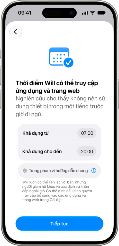 Màn hình thiết lập kiểm soát của phụ huynh đang hiển thị các giờ mà trẻ có thể truy cập thiết bị của mình.